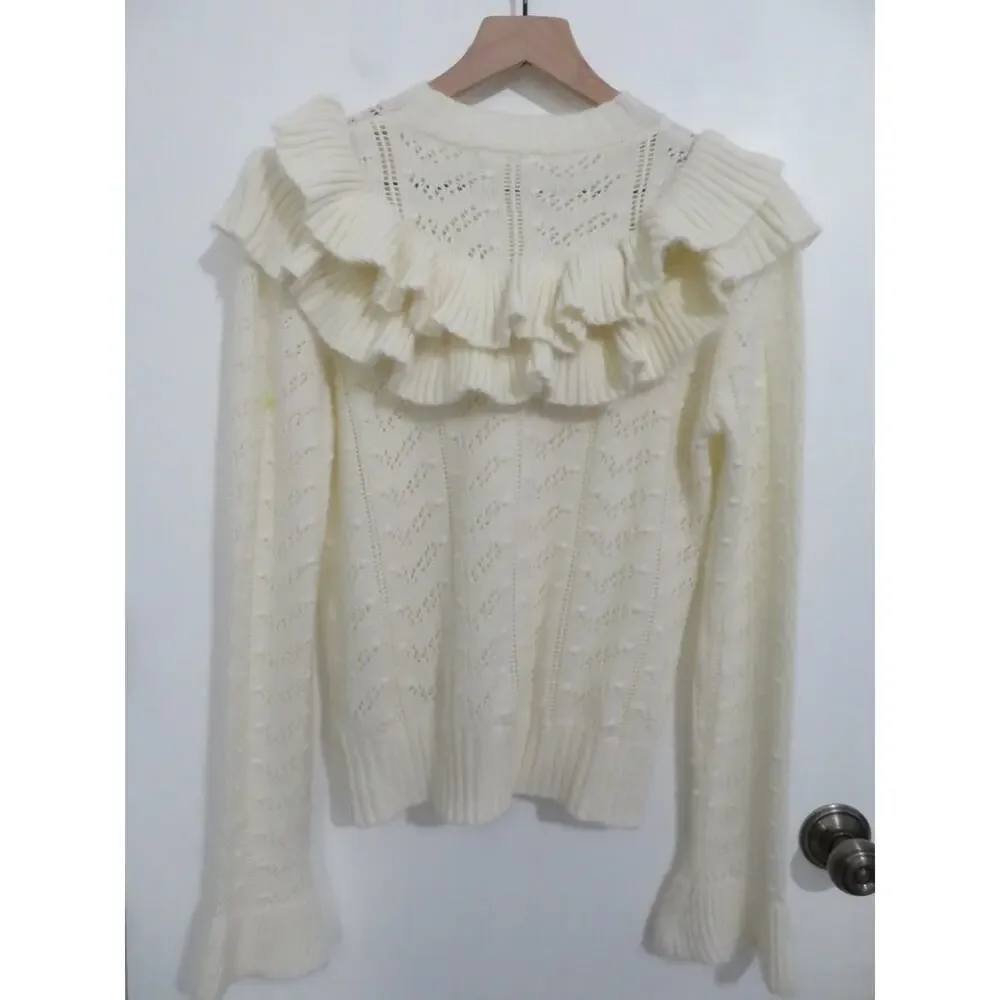 Tularosa Sz L Cream Manny Ruffle Sweater Wool Blend Pointelle Knit Long Sleeve